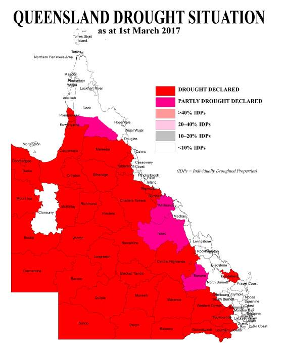 A total of 87.47 per cent of of Queensland is now drought declared. The drought map will be updated this week.