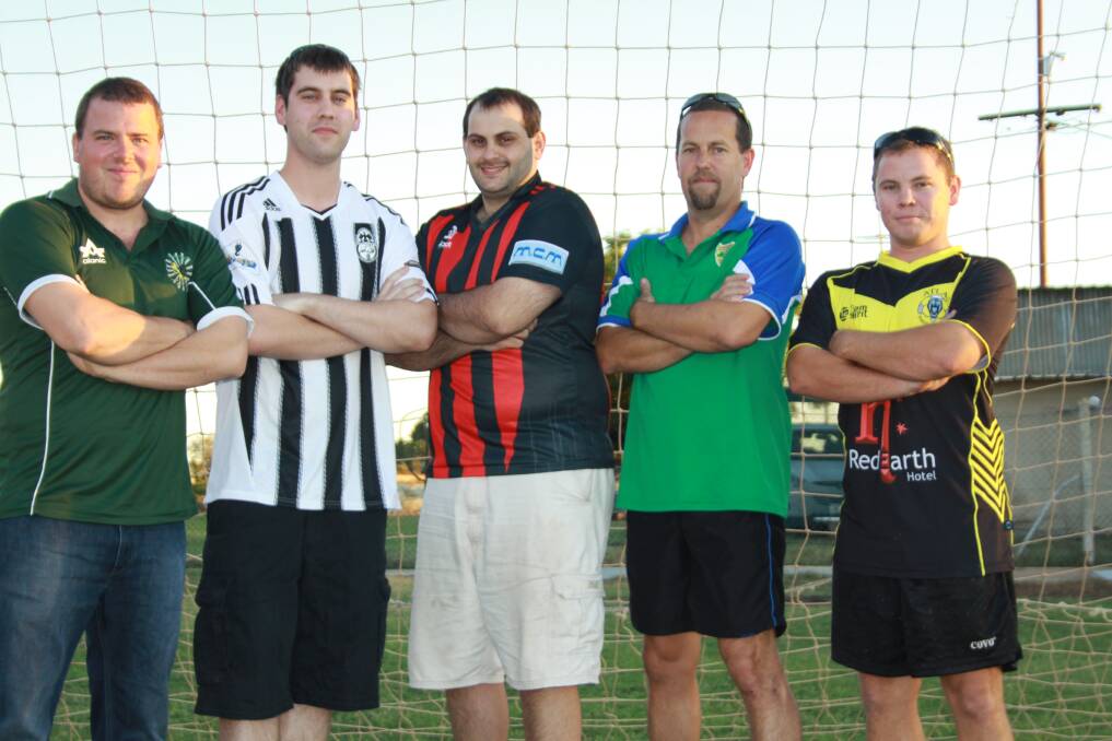 LEADERS: Captains Daniel Flanigan, Dan Woolmer, Evan Shiberras, Jason Howard and William Cook cannot wait for the upcoming Mount Isa soccer season to get underway tomorrow.