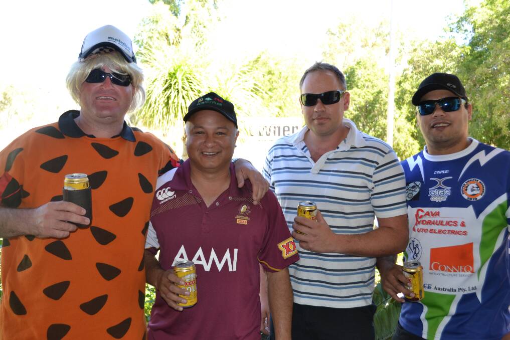 FUNNY: "Rossco", Brentten Ahkit, Todd Hudson and Kevvy Holgate are keen for a day on the green.