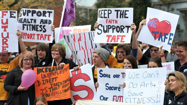 Students protest at Ballarat University TAFE recently.  The university is proposing to join with six other TAFE institutes to continue offering courses that are facing closure.