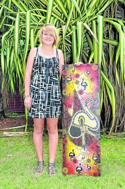 YOUNG TALENT: Chernee Sutton with one of the panels she donated to Kalkadoon Enterprises, to be used as their logo and letterhead. - Picture: MELISSA NORTH/2558