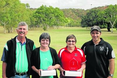 FOURSOMES WINNERS: Mount Isa Golf Club Mixed Foursomes Championship nett winners Ron Corstiaans and Ulla Allen line up for a photo with the gross event winners Sue Scott and Mike Ruri on the first tee after Sunday's presentation ceremony. - Picture: LYNDON KEANE/2913