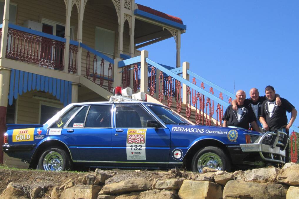 OUTBACK BASH: Freemasons Malcolm Creed, Murray Sondergeld and Matthew Sondergeld join the Variety Bash in their restored 1982 Ford Fairlane. - zz