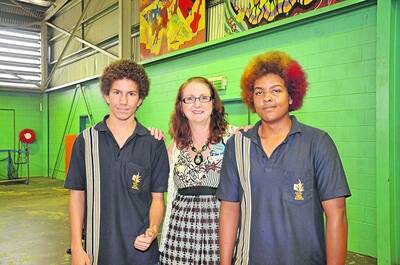 FROM THIS: Spinifex students Thomas Cook, 15, and James Wilson, 14, shaved for a cure alongside principal Denise Kostowski.