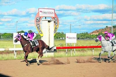 WINNER'S POST: The Steven Royes-trained Zooqalo, ridden by Lacey Morrison, edges out Sandwood and Anconi in the Kokoda Trail Open Handicap at Buchanan Park on Saturday. - Picture: LYNDON KEANE/2870
