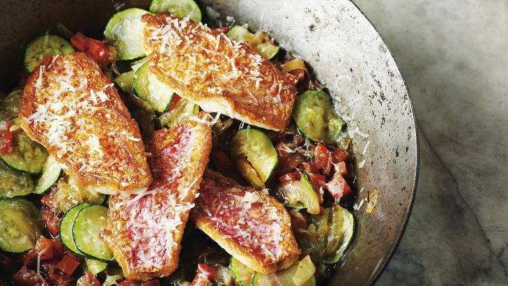 Island cuisine ... red mullet fillets with zucchini, tomato and pecorino.