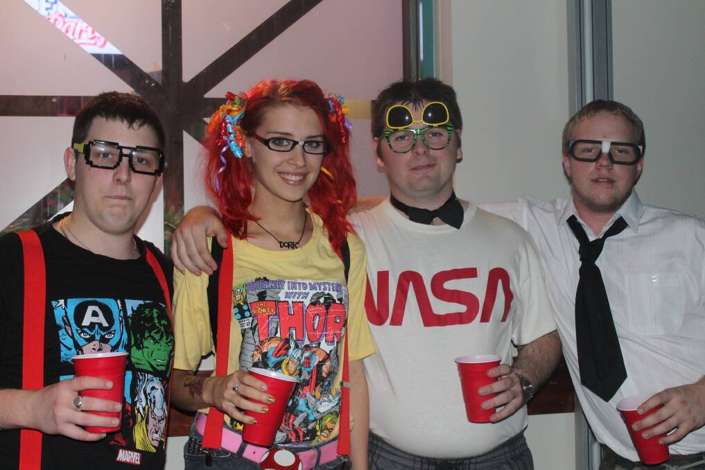 COSTUMES: Alex Kollasch, Nicole Jacobsen, Scott Bithell and Jeffrey Rodger enjoy a night out together at the frat party.