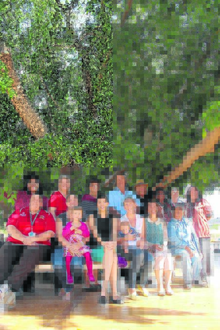 ALL GROWN UP: Multiple generations of the Richardson family joined with indigenous health workers and community members under the healing tree. Back: Larissa Backo, Shelley Howe (daughter), Phillipa Richardson (daughter), Andrew Richardson (son), Ron and Fran Page and Cathy Sexton. Front: Linda Ford, Leah Wilcox (grand daughter), Sophie Wilcox (great, great grandaughter), Caitlin Howe (great grandaughter), Nicole Liu (great grandaughter), Jake Liu (great, great grandson), Fiona Kropp (daughter) and Maida Whelan.