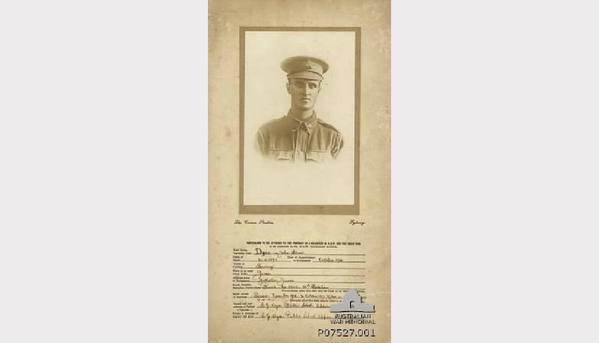 3388 Private (Pte) John Stuart Dyce, 56th Battalion, of Appin, NSW. A farmer prior to enlistment, he embarked with the 9th Reinforcements from Sydney aboard HMAT Anchises on 24 January 1917. Later transferring to the 36th Battalion, he was killed in action at Passchendaele, Belgium on 17 October 1917, aged 26.