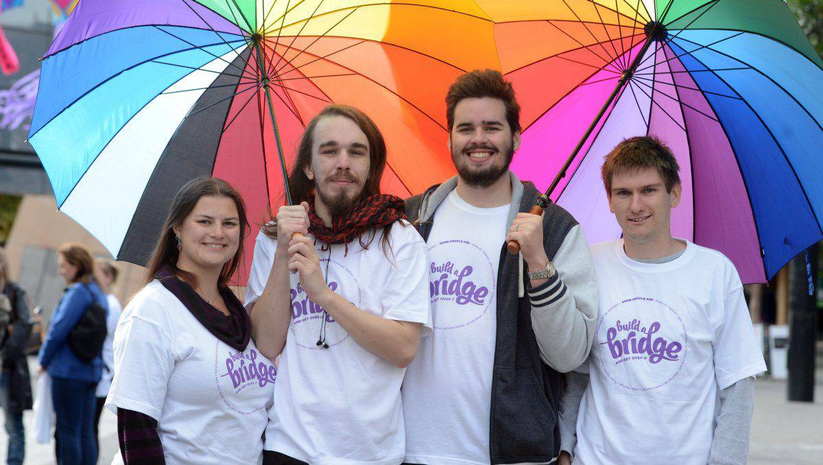 Alice Knichala, Richard Tole, Noah Pinderand and Daniel Compston at the International Day Against Homophobia rally in Bendigo, Victoria.
