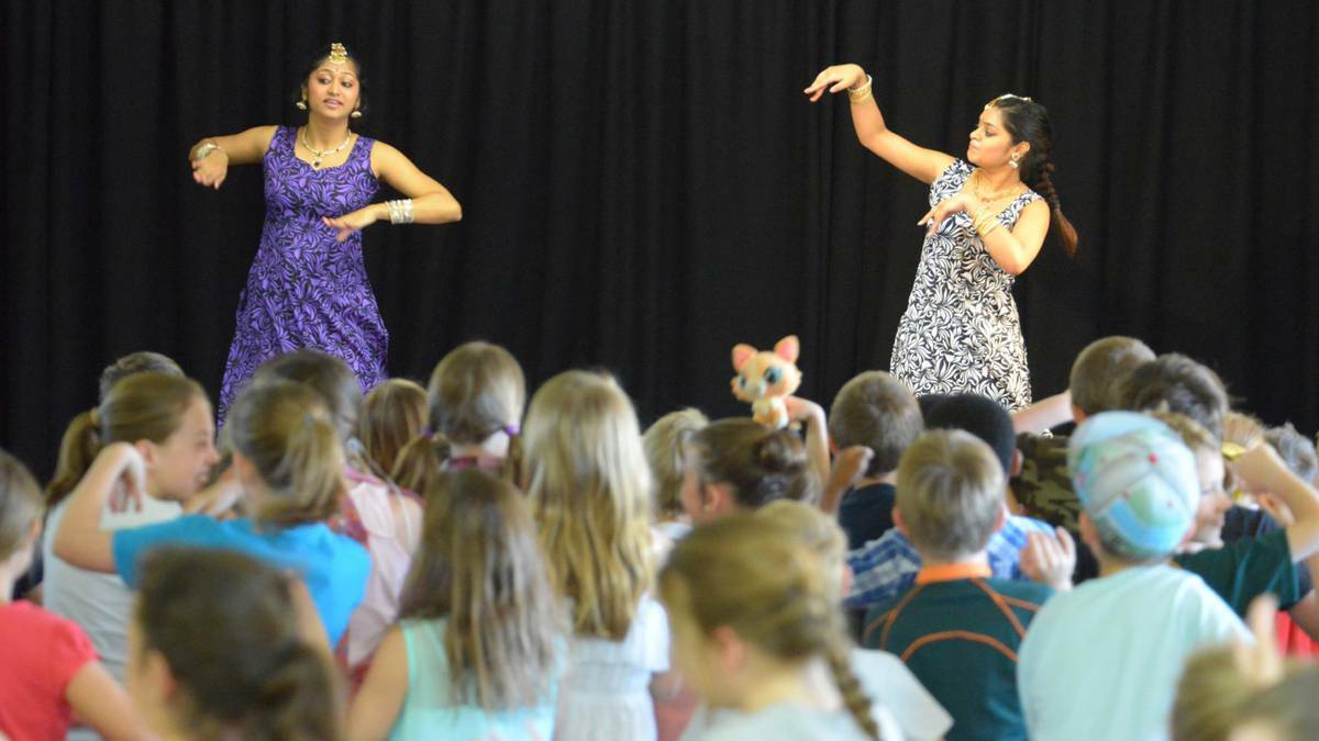 Performers Amutha Kumarasamy and Shanthi Stephen dance up a storm at Ocean Forest Lutheran College in Western Australia.