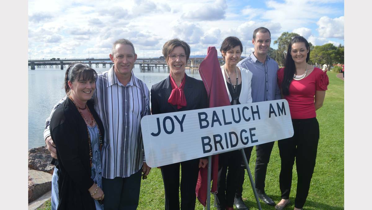Kylie and Emil Baluch, SA Regional Affairs Minister Gail Gago, Michelle Baluch, Allan and Carlee Margatich at the opening of the Joy Baluch bridge near Port Augusta on Friday. Joy Baluch died on Tuesday after serving as mayor for nearly four decades.