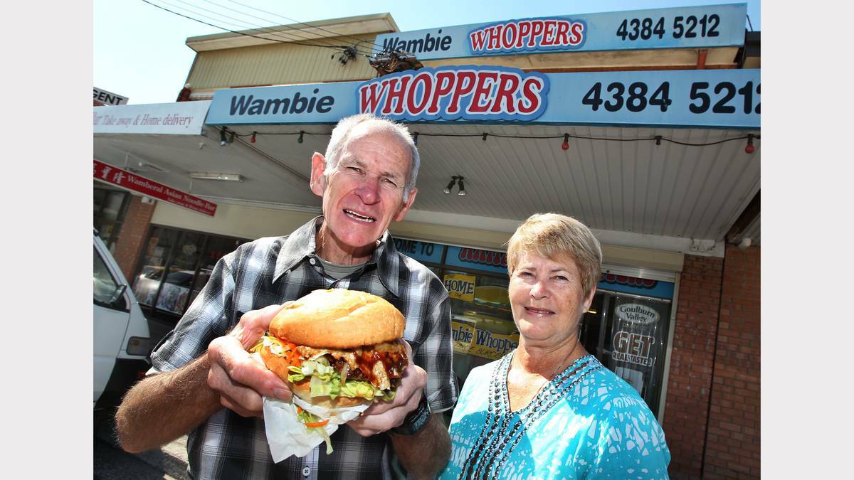 Creators of the Wambie Whopper Kevin and Maree Dean outside the Wamberal take-away shop. Hungry Jack’s was impressed by community support for Wambie Whoppers takeaway and had withdrawn the request to drop ‘‘Whoppers’’ from its name. Picture: Phil Hearne
