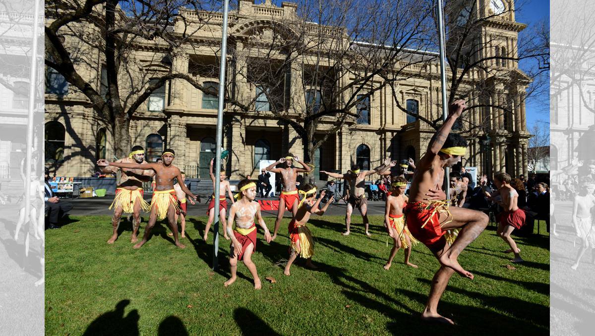  Aboriginals perform the Creation Dance during the Naidoc Week launch outside the Bendigo Town Hall. Picture Jim Aldersey.