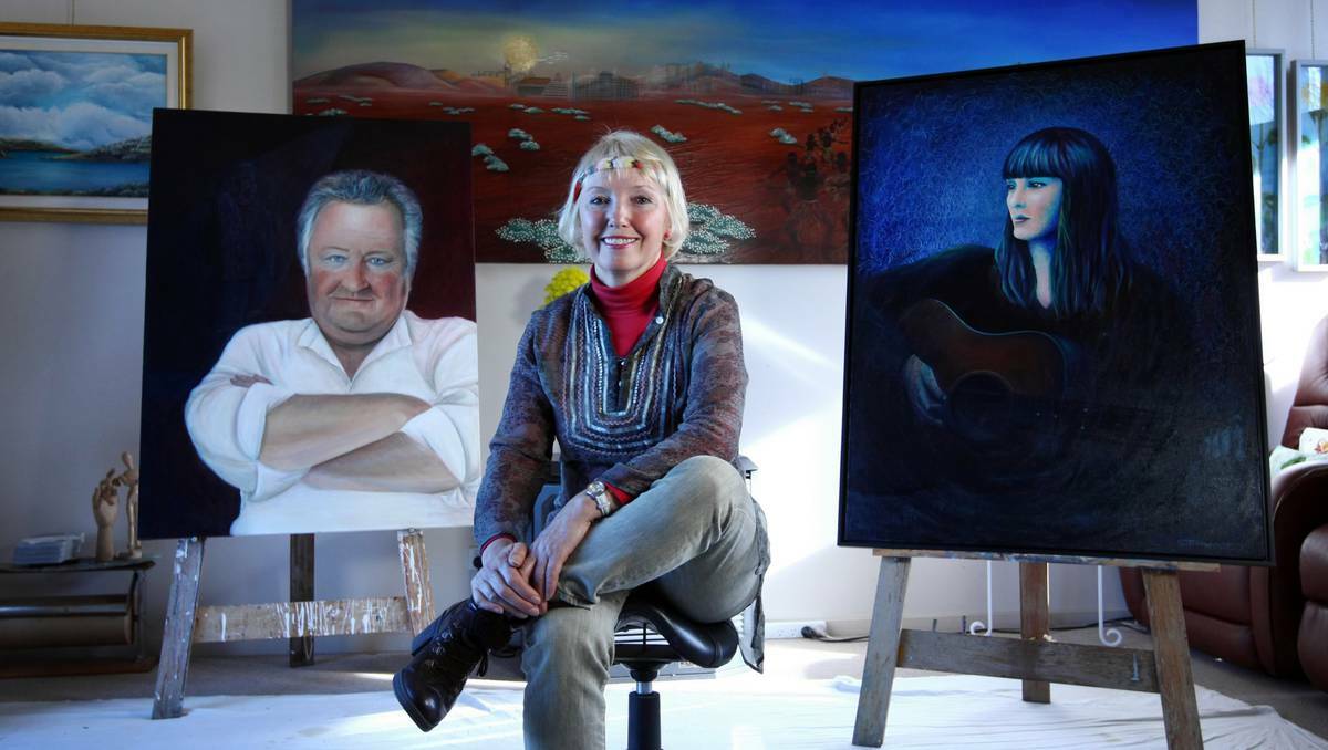 Albury artist Stephanie Jakovac, with her portraits of actor John Wood and singer Lisa Mitchell, has entered the Archibald Prize eight times but still appreciates the Bald Archies.