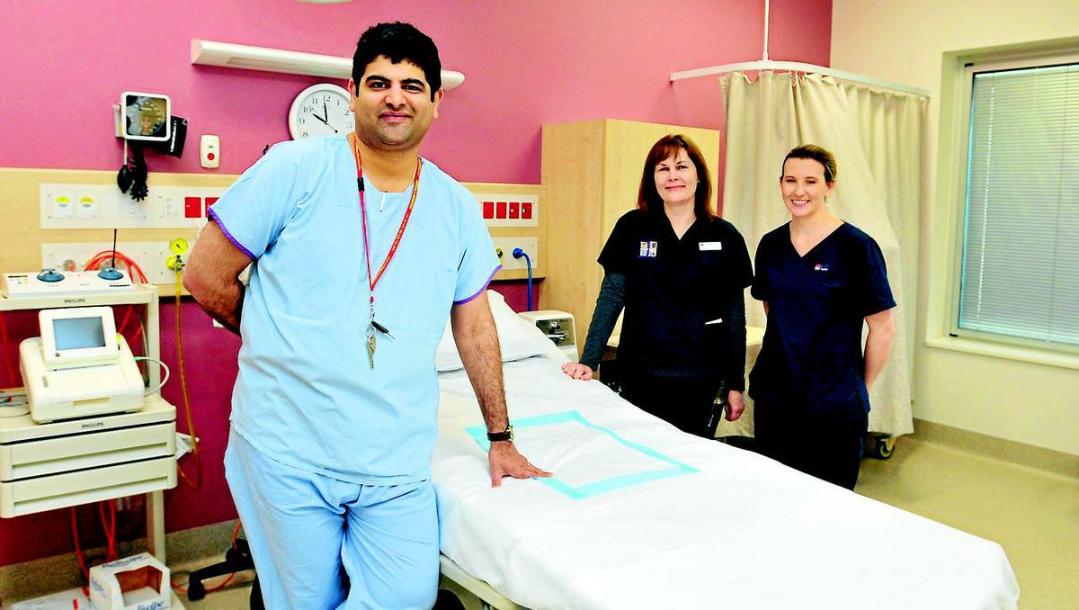 Dr Sachin Kotasthane is happy to be shown the ropes by maternity unit manager Jenny Soar and midwife Laura Fitzgerald. Picture: Jude Keogh.