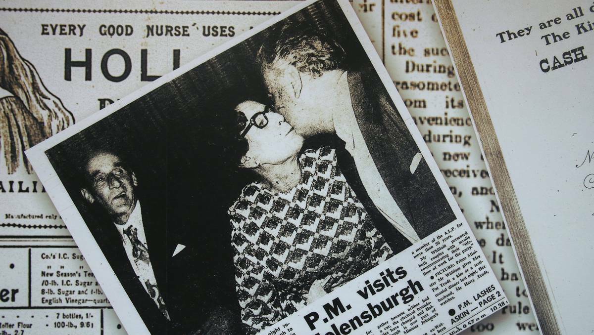 The walls reflect print moments about Helensburgh from the Illawarra Mercury. Here is the Gough Whitlam kiss photo from 1972. Photo: Illawarra Mercury.