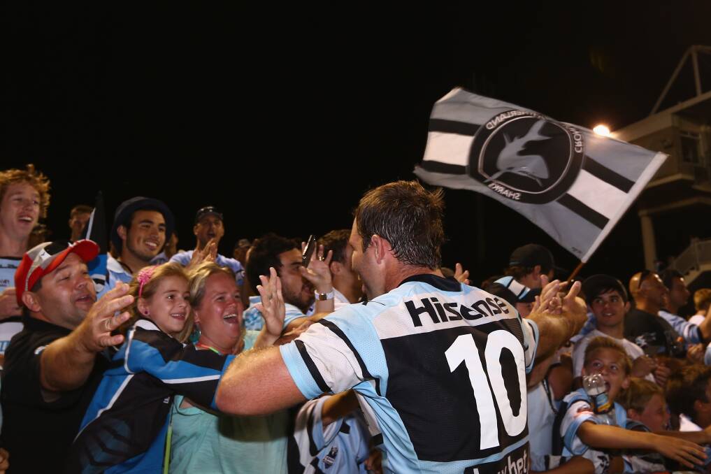 Ben Ross of the Sharks celebrates with the crowd. Photo by Mark Kolbe/Getty Images