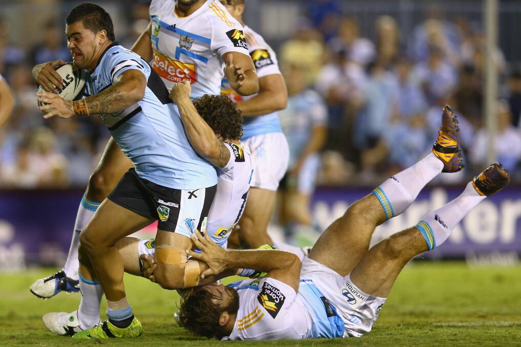Andrew Fifita of the Sharks is tackled during round one. Photo by Mark Kolbe/Getty Images