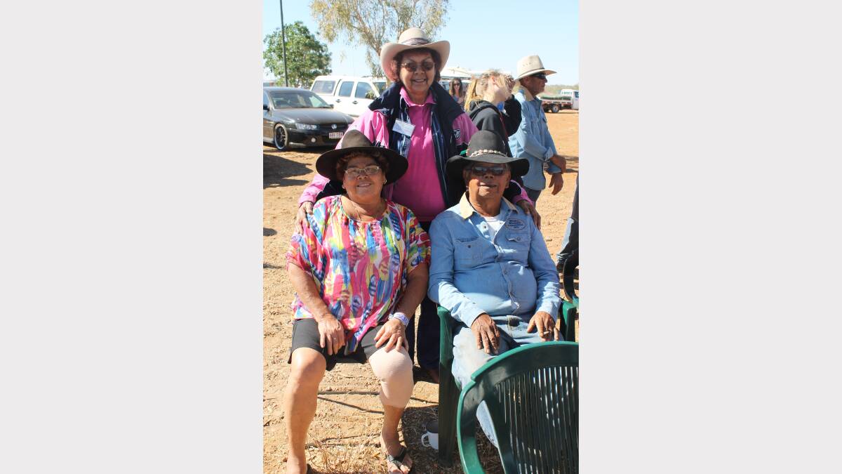 REUNION: Camooweal locals Carol King, Mary Cotterell and Gordon King enjoy a chat at the Drover's Camp.