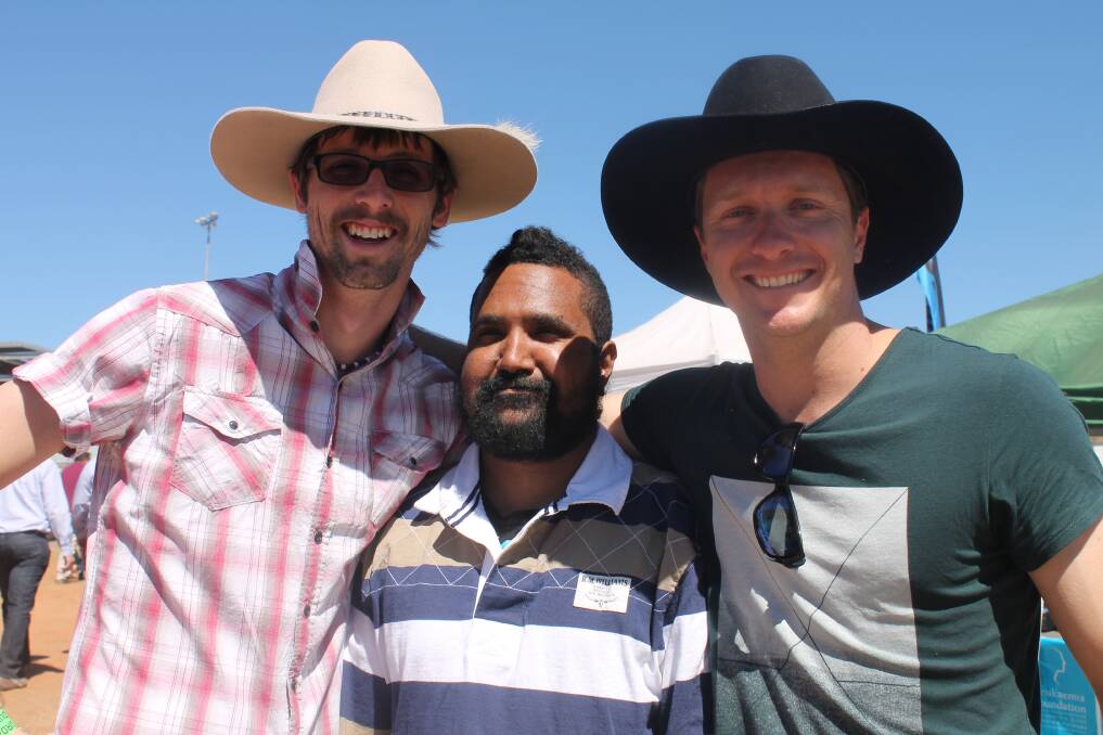 AKUBRAS: Aaron Quilty, David Wasiu and Matt Kretschmann checked out rodeo on Saturday.