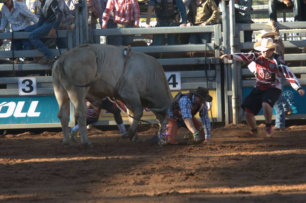 Rider Mark Lambeth Vs feared bull Big Brian, with some help from the protection clowns.