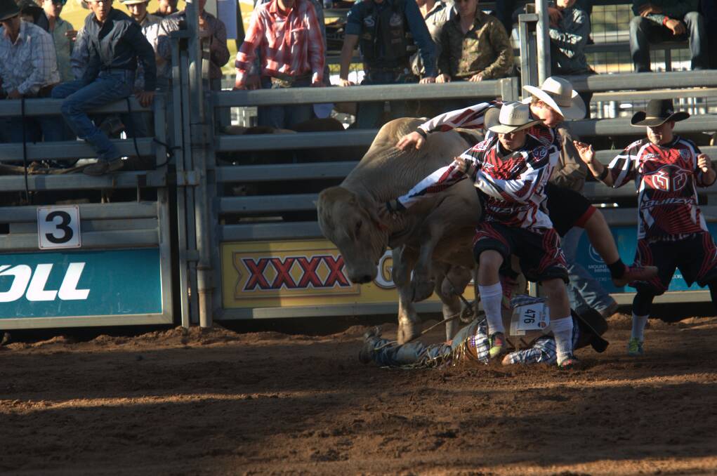Rider Mark Lambeth Vs feared bull Big Brian, with some help from the protection clowns.