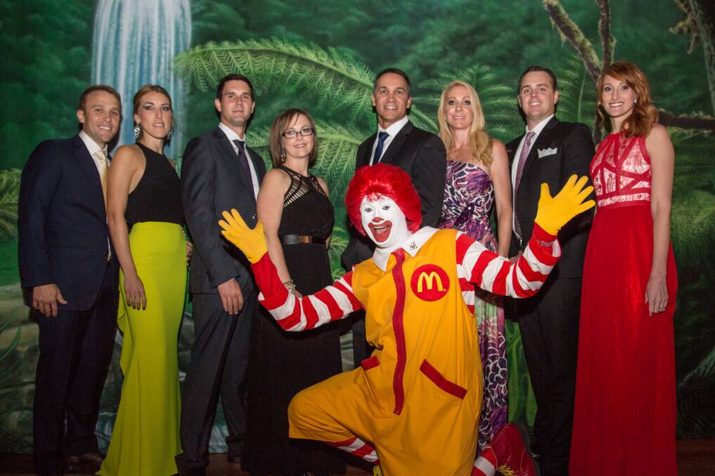 GRAND BALL: Graham Houldsworth, Leigh Houldsworth, Richard Harvey, Kylie Brooke, Mike Westerman, Kirstin Westerman, Andrew Newman, Rebecca Newman, and Ronald McDonald enjoyed a jungle themed adventure at Saturday night’s Glencore Mount Isa Ronald McDonald House NQ Charity Ball. 