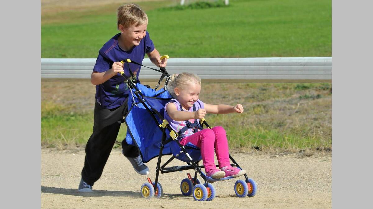 Mother's Day Walk at Wagga Showground ... Riley, 8, and Emmi Power, 4. Picture: Michael Frogley