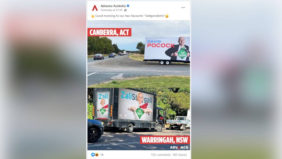 A political attack ad published by Advance Australia against independent candidates on Wednesday. Picture: Facebook/Advance Australia