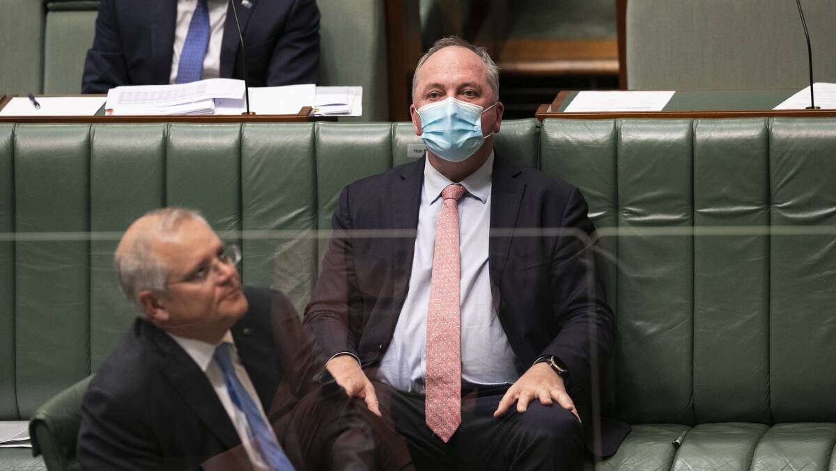 Deputy Prime Minister Barnaby Joyce and Prime Minister Scott Morrison during Question Time. Picture: Keegan Carroll