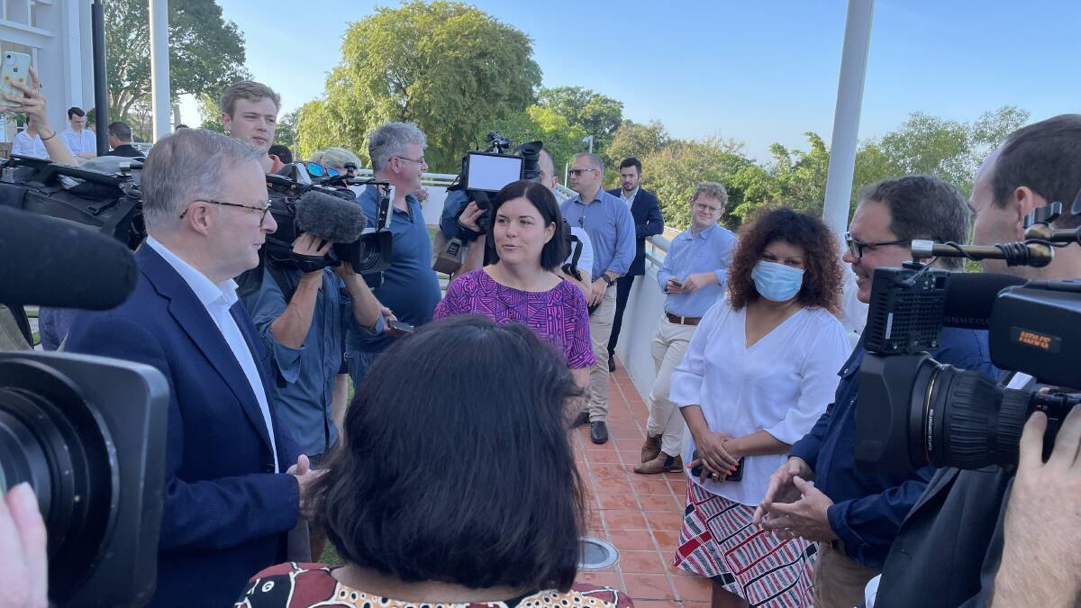 Mr Albanese greeted his federal team in the NT, including newly-elected Lingiari MP Marion Scrymgour. Picture: Sarah Matthews