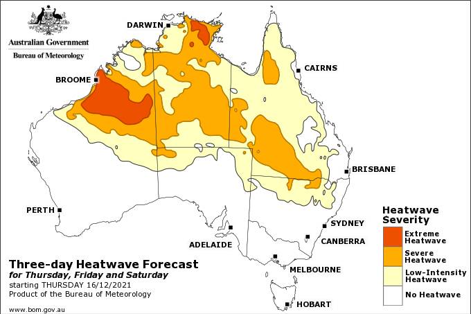 TEMP: The heatwave forecase map for this Thursday, Friday and Saturday. Picture: BUERAU OF METEROLOGY