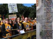 Protesters in Newcastle (left) and marching through Sydney (right) on Friday, May 27.