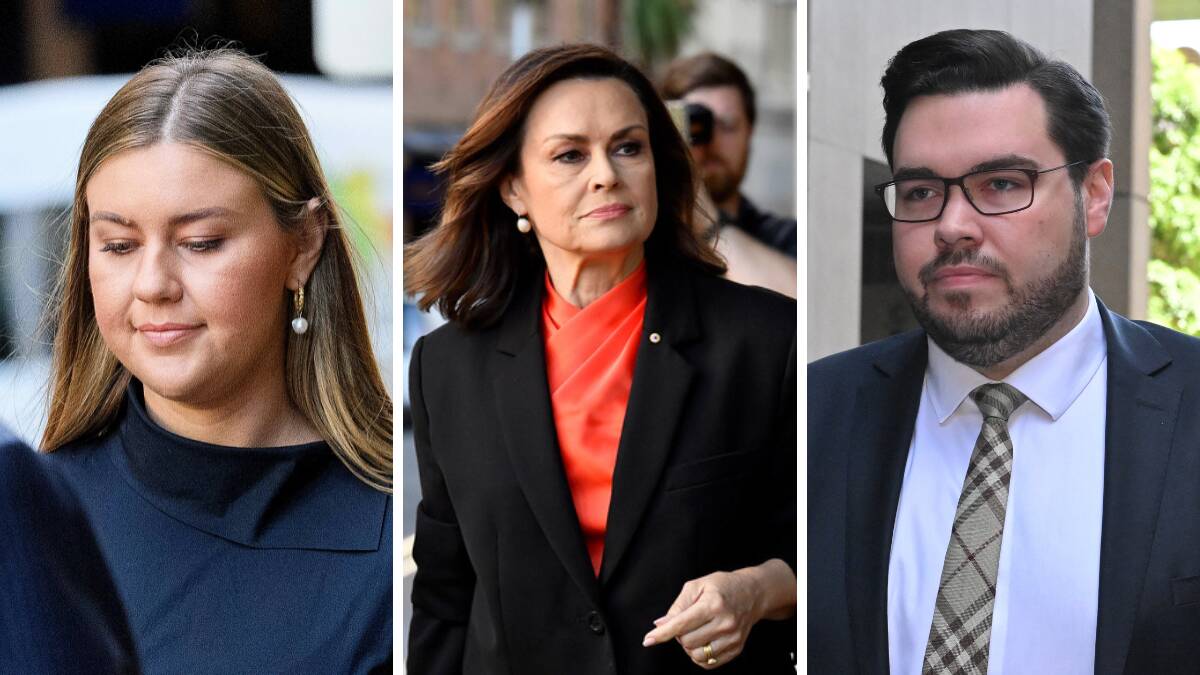 Brittany Higgins, left, journalist Lisa Wilkinson and Bruce Lehrmann outside the Federal Court in Sydney. Pictures AAP