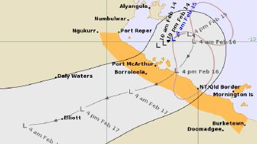 A tropical low in the Gulf of Carpentaria has a moderate chance of developing into a cyclone on Thursday night, February 15, or Friday morning, the weather bureau warns. Picture via BOM. 