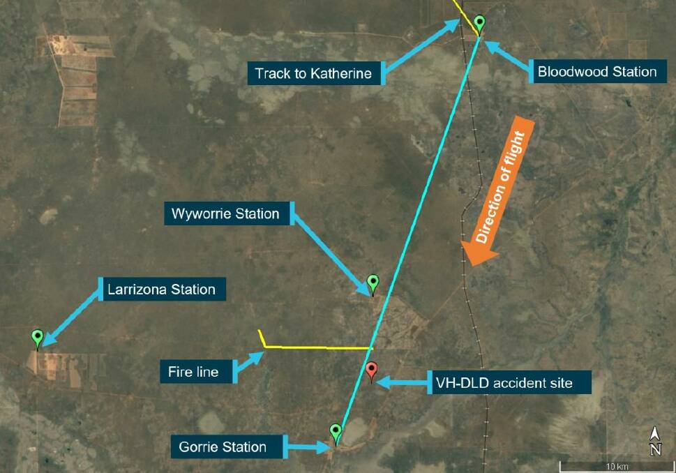 The track line from Bloodwood Station to Gorrie Station is representative of a direct track and not the actual flightpath. Source - Google Earth, annotated by ATSB.