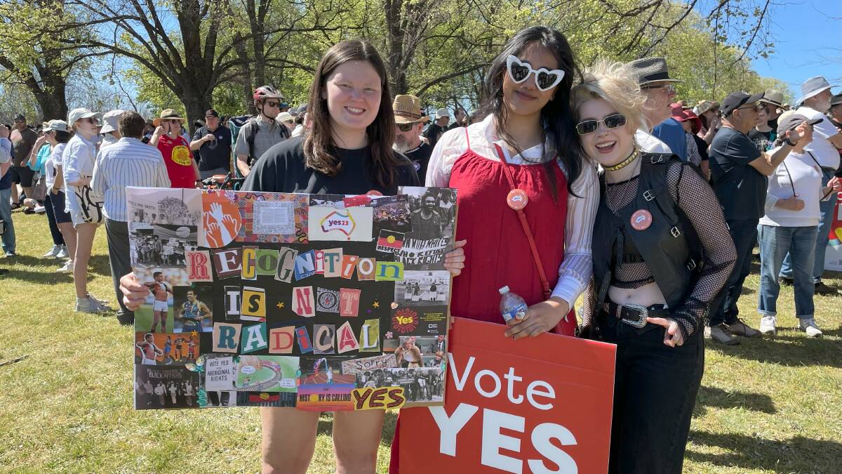 ANU students Charlotte Hurn, Nihar Janjua and Ell Lappin attended the Walk for Yes event. Picture by Sarah Lansdown