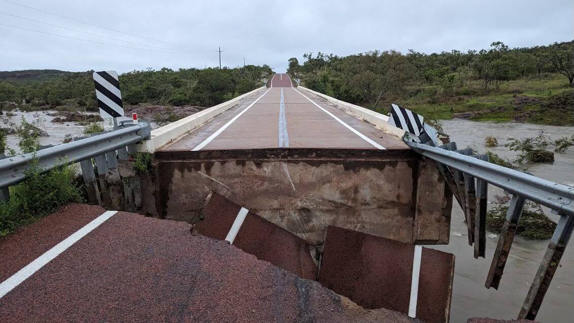 Routh Creek bridge on the Gulf Developmental Road was damaged after severe flooding. Picture Queensland Police Service