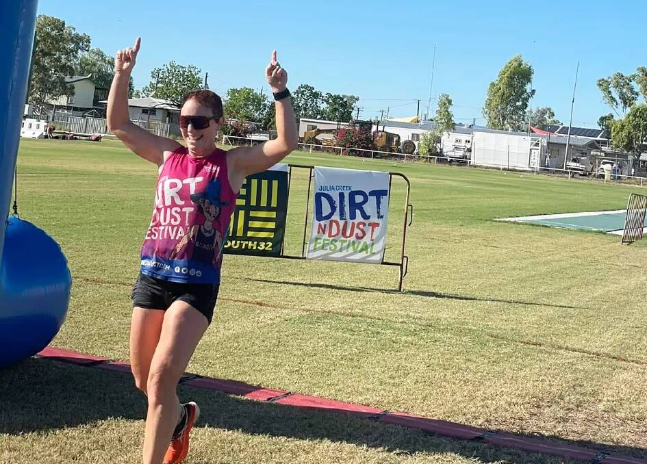 Kim Alcorn crosses the line in first place at the South32 DND Outback Adventure Run. Picture supplied 
