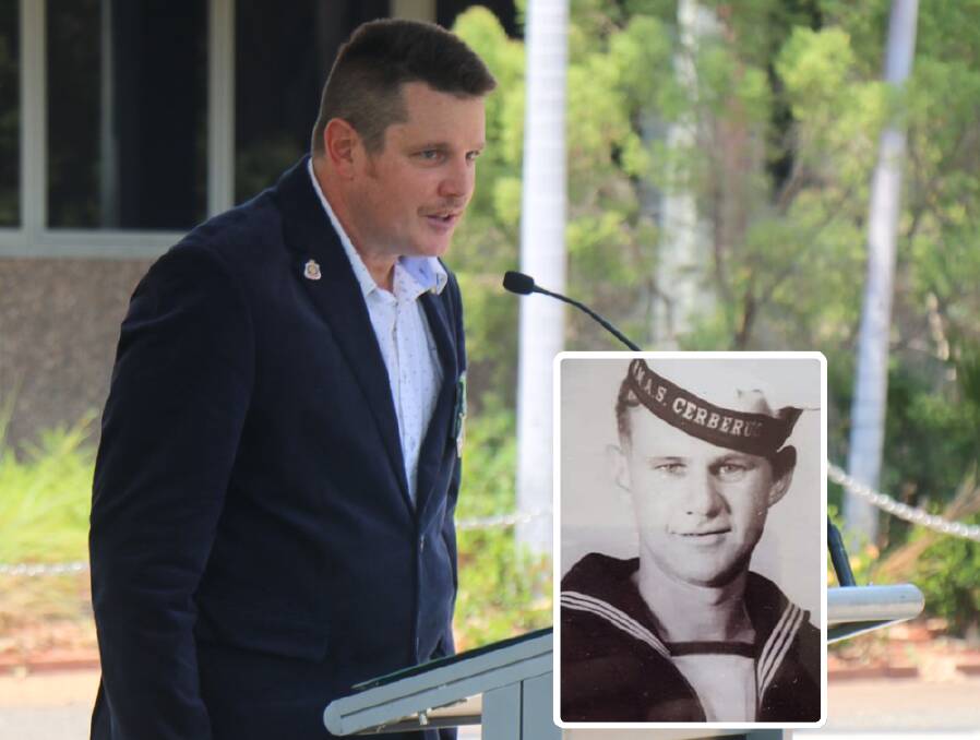 Troy Hartas speaks at Mount Isa's 2023 ANZAC day service. Insert: Troy's grandfather Gordon Travers was a WWII Navy veteran. Picture North Queensland History Collections