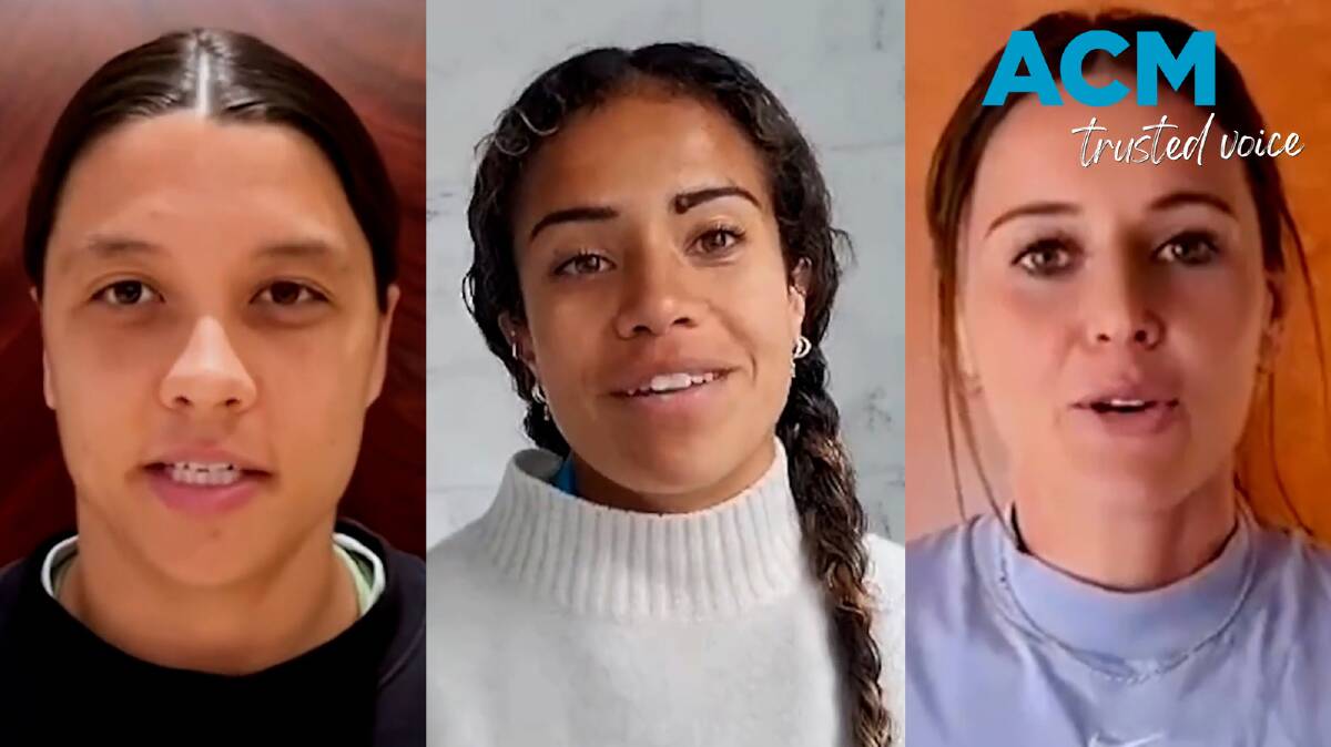 Matildas Sam Kerr, Mary Fowler and Hayley Raso feature in the video calling for equal pay at FIFA tournaments. Pictures by Professional Footballers Australia via Twitter
