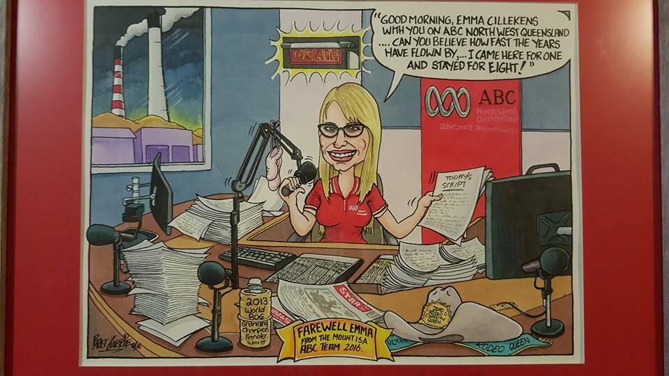 Emma Cillekens made into a Bret Currie cartoon, a parting gift from her ABC team. 
