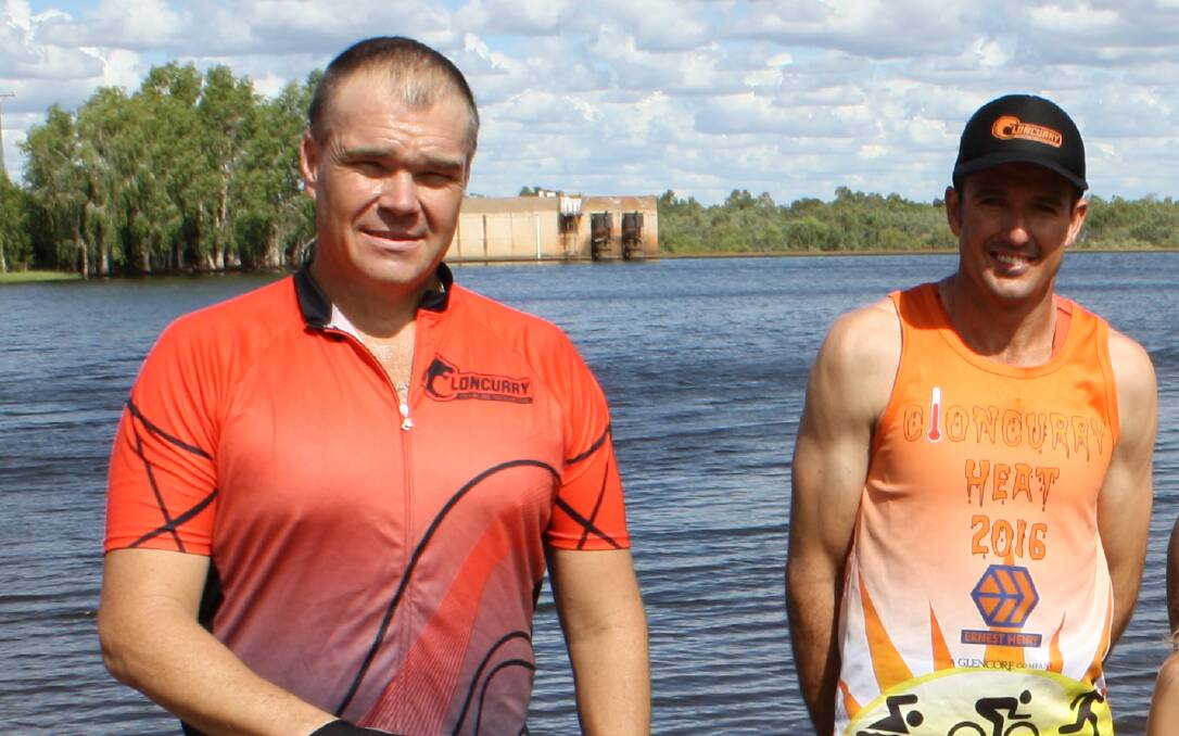 COMPETITORS: Dave Atkinson and Leon Bennet at Chinaman Creek Dam, the starting point of the Cloncurry Heat to be held Sunday. Photo: Esther MacIntyre.