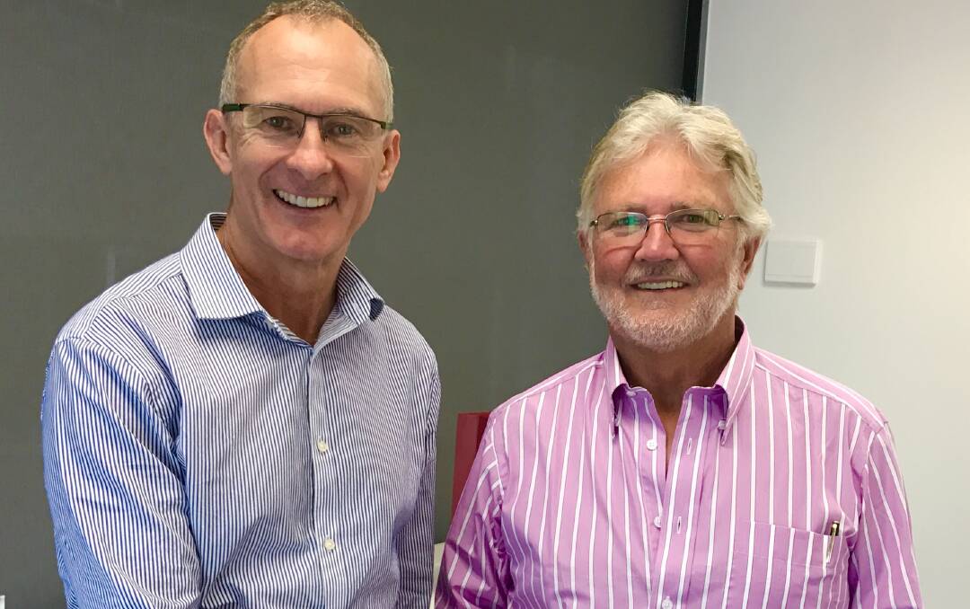 CuDeco's new chief executive Mark Gregory and interim chairman Peter Hutchison are pleased that Rocklands mine returns to mining. Photo: Contributed.