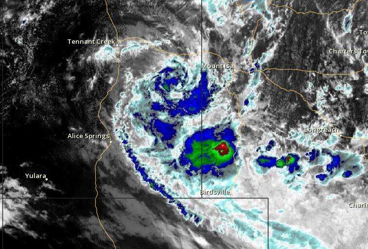 Ex-cyclone Trevor is dropping good rain in some areas of the Barkly region, even though Tennant Creek has missed out. Satellite picture: Bureau of Meteorology.