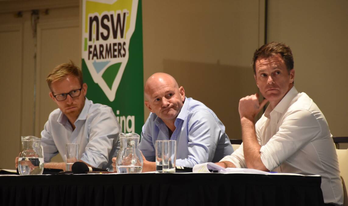 Greens marine environment and fisheries spokesman Justin Field, Regional Water Minister Niall Blair and NSW ALP water spokesman Chris Minns during Tuesday night's forum in Griffith.