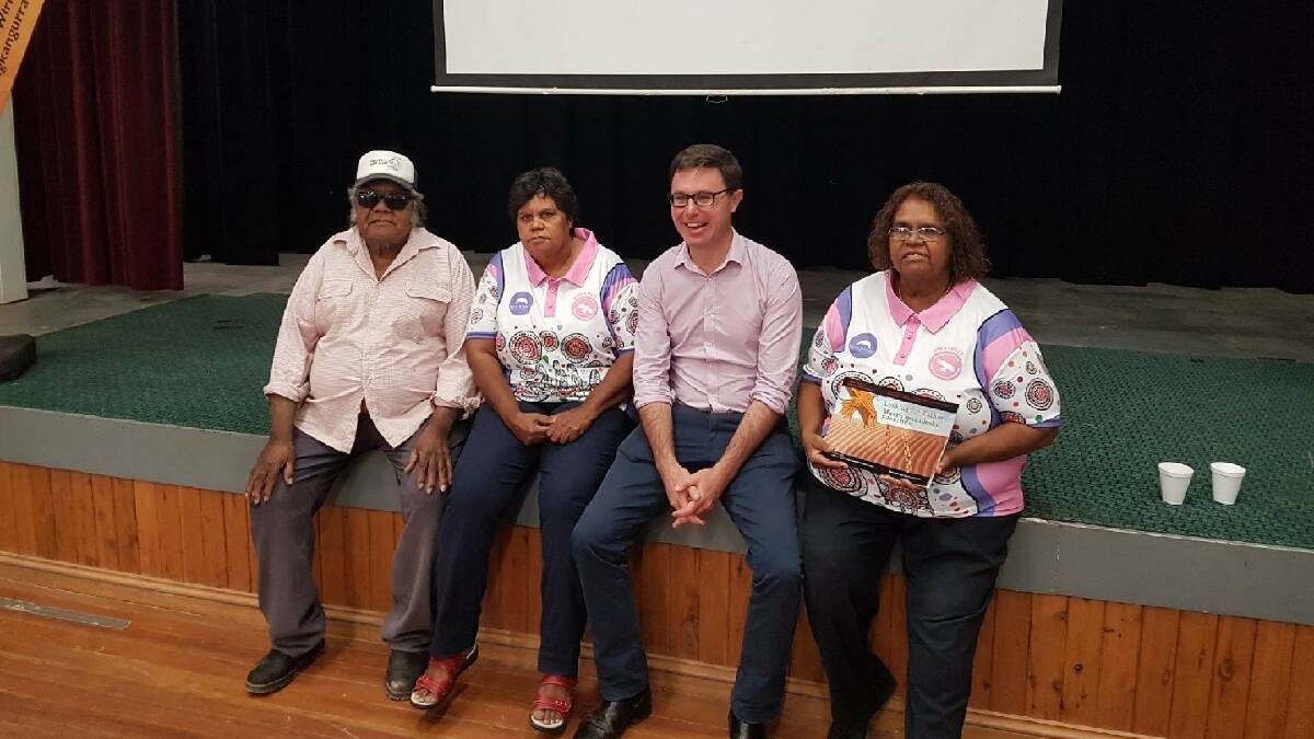 The Member for Maranoa, David Littleproud, with the people who created the Aboriginal language book launched recently at Birdsville.
