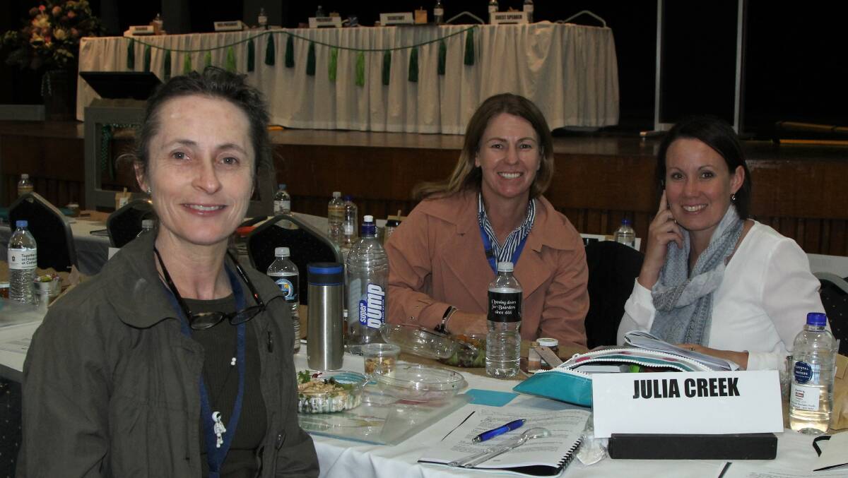 McKinlay Shire Council mayor, Belinda Murphy, centre, with Julia Creek ICPA delegates Helen Lynch and Rachael Anderson at the state conference in Winton.