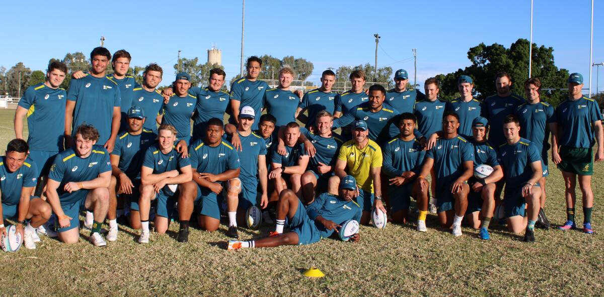 The junior Wallabies squad ready for a community rugby training session at the Longreach Showgrounds. Picture: Trudy Bruggemann